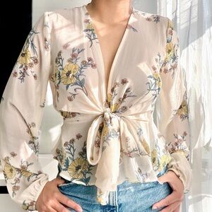 Forever 21 Cream Floral Tie-Front Blouse with Yellow & Blue Accents